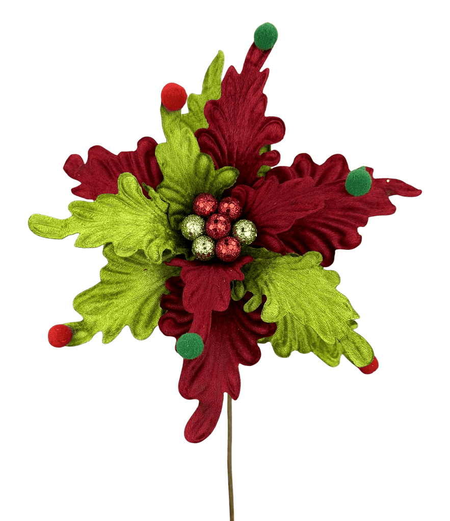 24" Red & Lime Green Poinsettia Stem – Velvet Christmas Flower Pick (86306RDGN) - White Bayou Wreaths & Supply