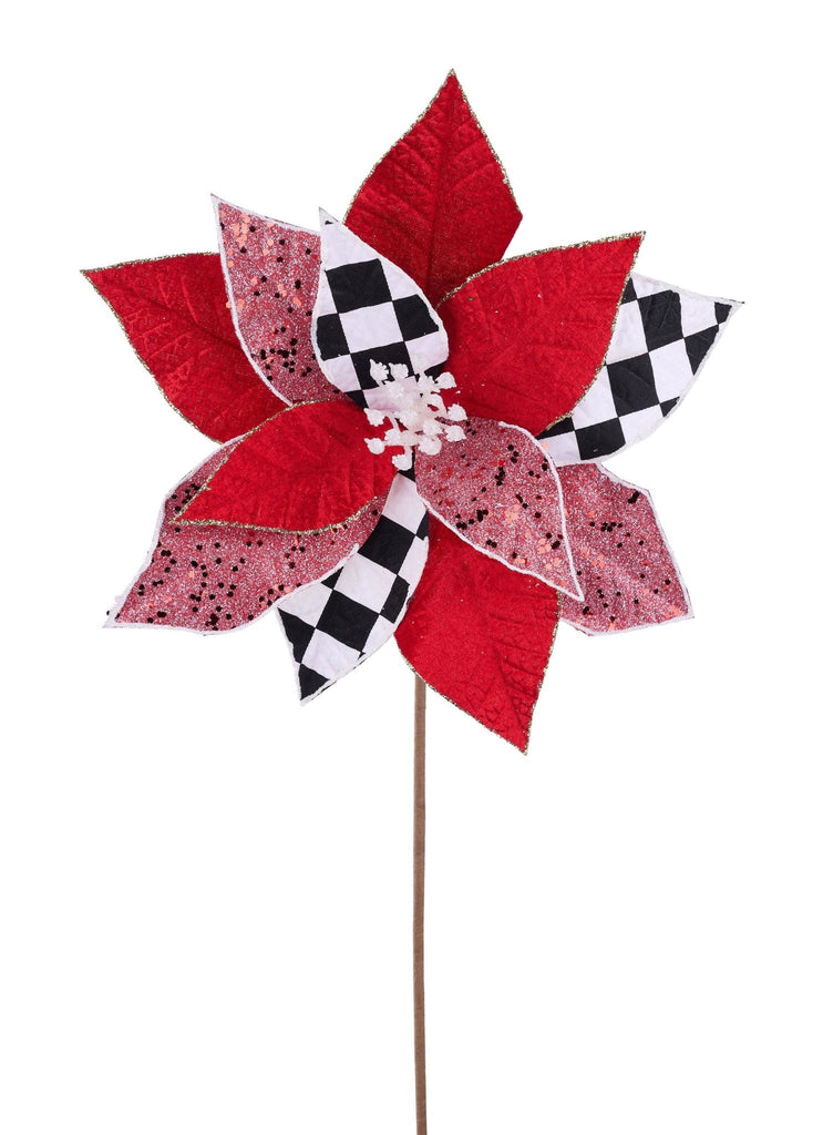 24" Velvet & Check Poinsettia Stem – Red, Black, White & Gold – XS4085 - White Bayou Wreaths & Supply