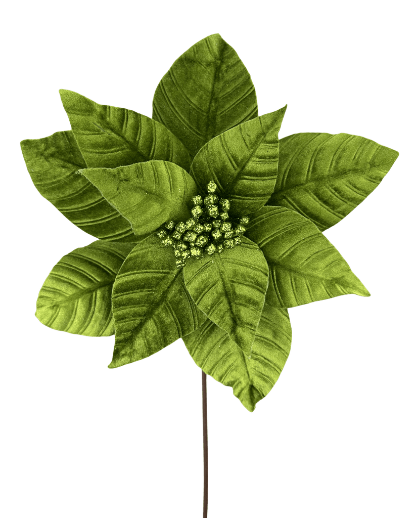 24" Velvet Poinsettia Stem – Olive Green Christmas Flower Pick (86612OLIVE) - White Bayou Wreaths & Supply