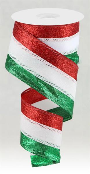 2.5" 3 - In - 1 Shimmer Glitter/Stripe: Red, White, Emerald (10 Yards) RGA822058 - White Bayou Wreaths & Supply
