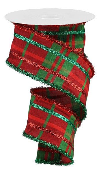 2.5" Dupioni Plaid/Gltr Strp/Tinsel: Green, Red (10 Yards) RGP100674 - White Bayou Wreaths & Supply