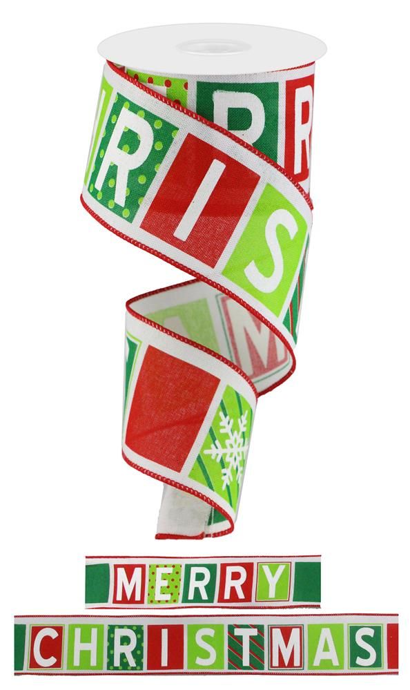 2.5" Merry Christmas Blocks Ribbon – Red, Green | RG01793T9 - White Bayou Wreaths & Supply