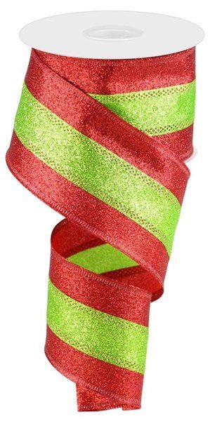 2.5" Shimmer Glitter Stripe Ribbon – Red & Lime | RGA82203Y - White Bayou Wreaths & Supply