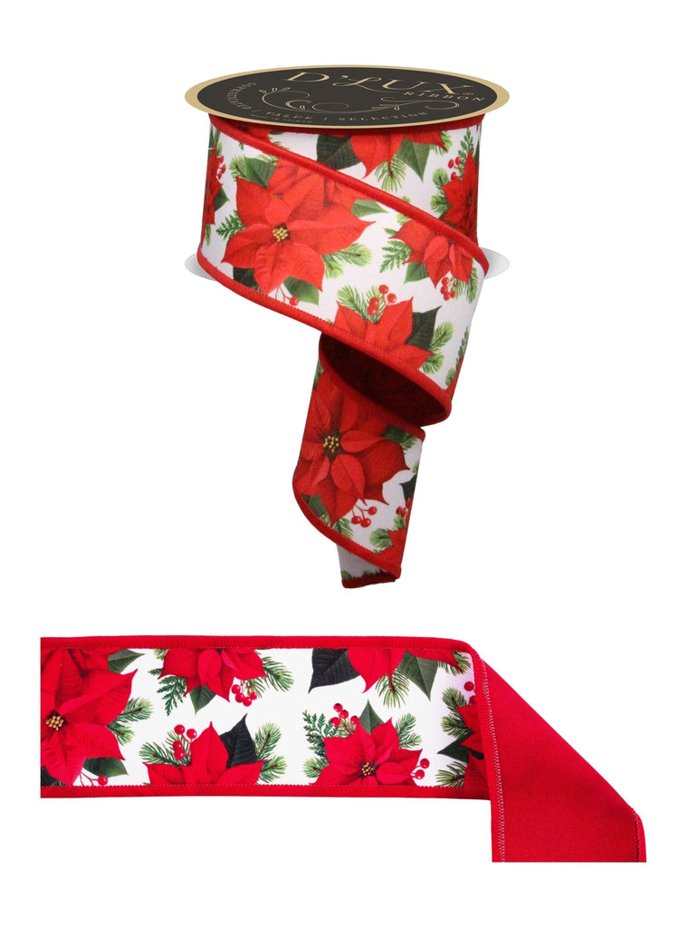 2.5" x 10yd D’Lux Poinsettia Ribbon – Classic Red Christmas Floral Fused | LX109567 - White Bayou Wreaths & Supply