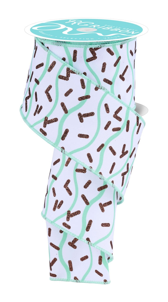 2.5" x 10yd Wavy Stripe w/Sprinkles: White, Mint, Brown | RGH101327 - White Bayou Wreaths & Supply