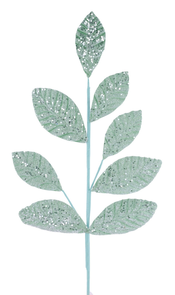 26.75"L Glitter Leaf Spray Mint - XS253774 - White Bayou Wreaths & Supply