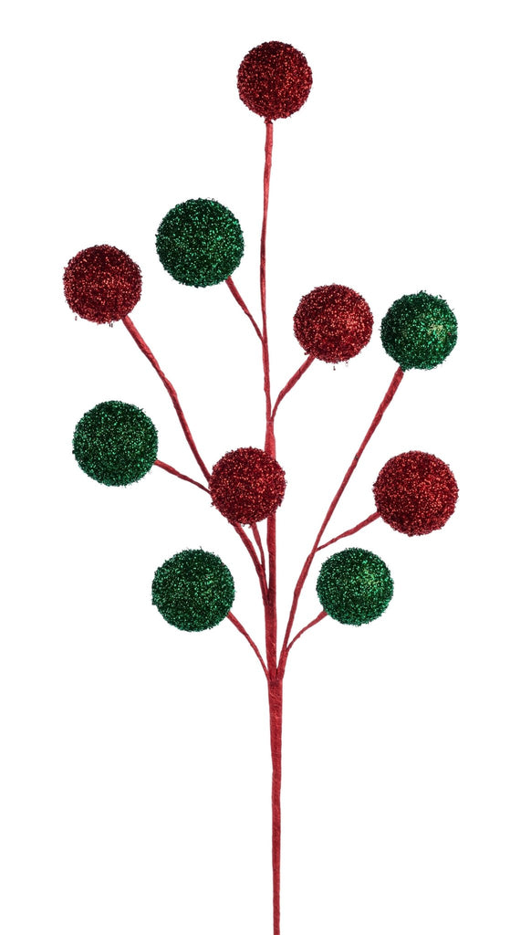 26"L Styro/Curly Foil Ball Spray – Red, Emerald Christmas Décor Stem XS141930 - White Bayou Wreaths & Supply