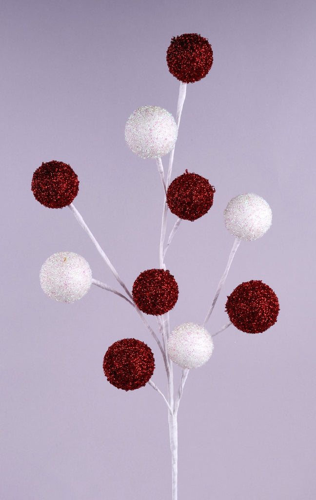 26"L Styro/Curly Foil Ball Spray – Red, White Christmas Décor Stem XS141934 - White Bayou Wreaths & Supply