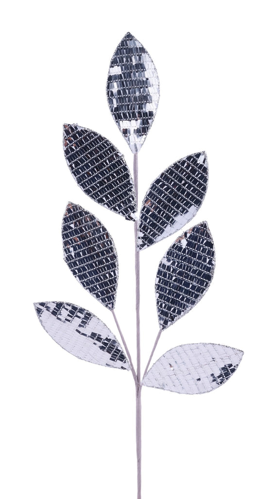 27" Mirrored Paillette Leaf Spray – Silver Disco Ball Stem for Holiday & Event Décor XS417926 - White Bayou Wreaths & Supply