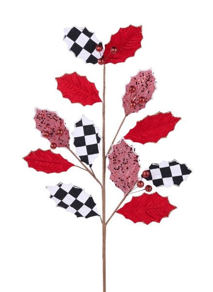 27" Velvet/Check/Glitter Holly Spray - XS0946 - White Bayou Wreaths & Supply
