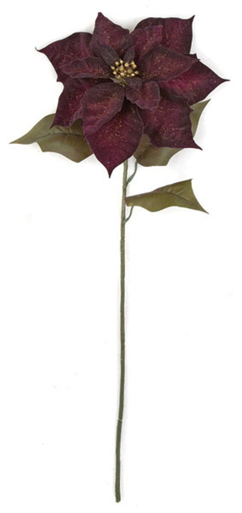 27.5" Burgundy Velvet Poinsettia Stem w/ Gold Glitter | P - 131310 - White Bayou Wreaths & Supply