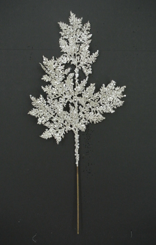 27.5" Platinum Glittered Cedar Spray with Sequins & Pearls – Christmas Stem (40341 - PLATINUM) - White Bayou Wreaths & Supply