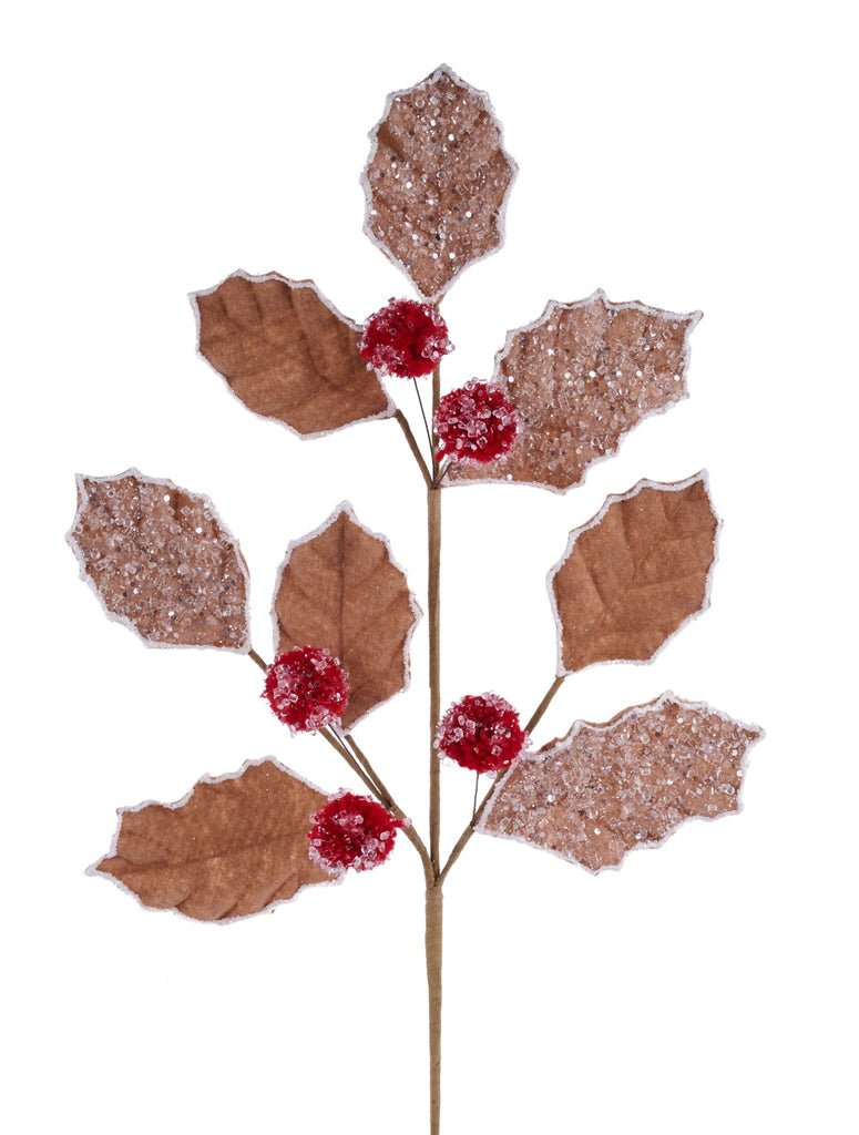 27"L Holly Leaf/Berry Spray Brown/Red - XS0973 - White Bayou Wreaths & Supply