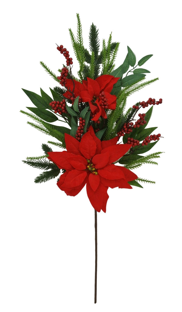 28" Poinsettia Pine Berry Spray | 23044 - White Bayou Wreaths & Supply