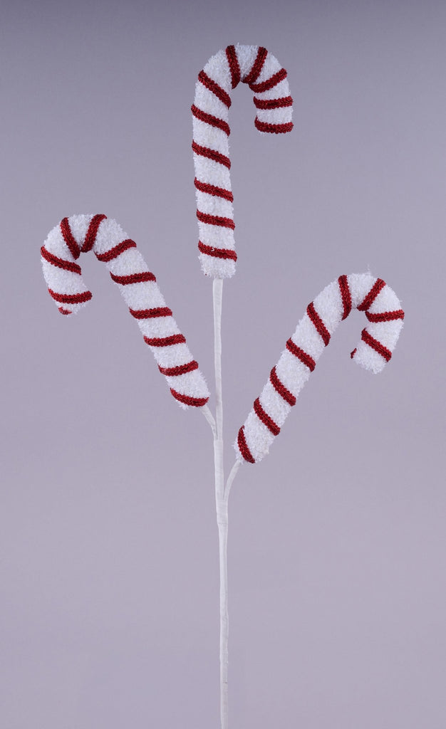 28" V Glttr/Braid Candy Cane Spray Red Whitte - XS140762 - White Bayou Wreaths & Supply
