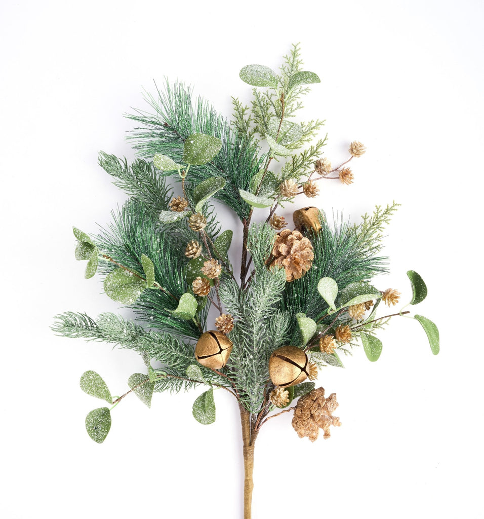 28"L Iced Pine/Glitter Leaf/Bell Spray Gold/Green - XX8728 - White Bayou Wreaths & Supply