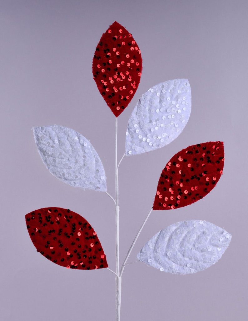 28"L Sequin Velvet Magnolia Leaf Spray Red/White - XS249434 - White Bayou Wreaths & Supply