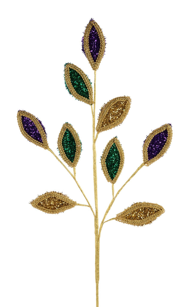 28"L V Glitter/Lace Leaf Spray: Mardi Gras | HG3361 - White Bayou Wreaths & Supply