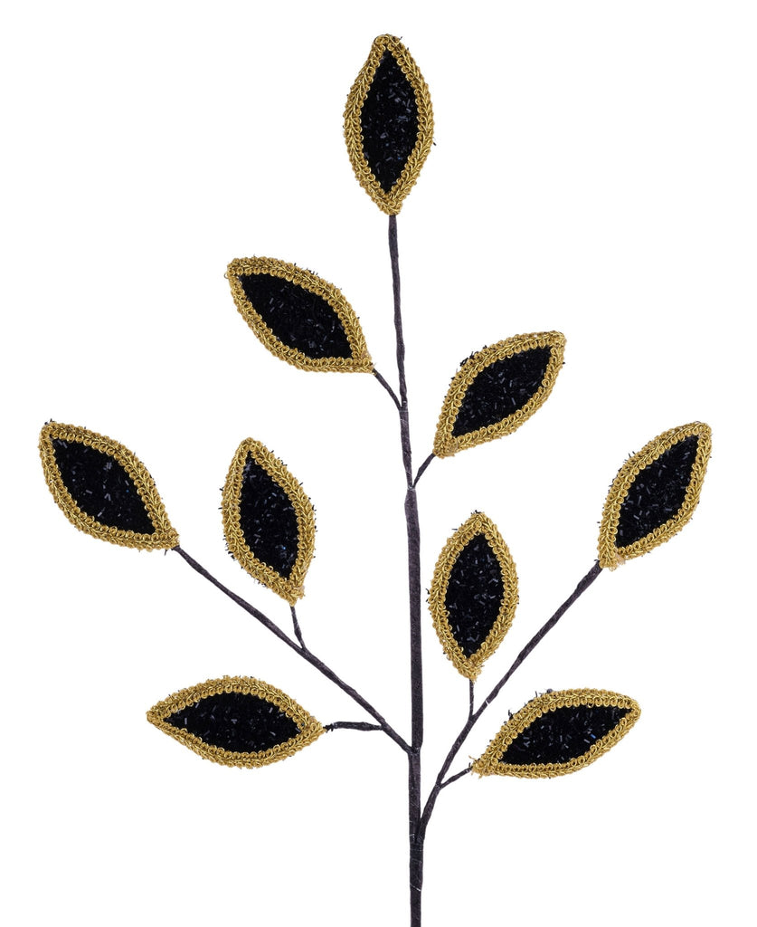 28"L Vglitter/Lace Leaf Spray BLACK/GOLD - XS249702 - White Bayou Wreaths & Supply