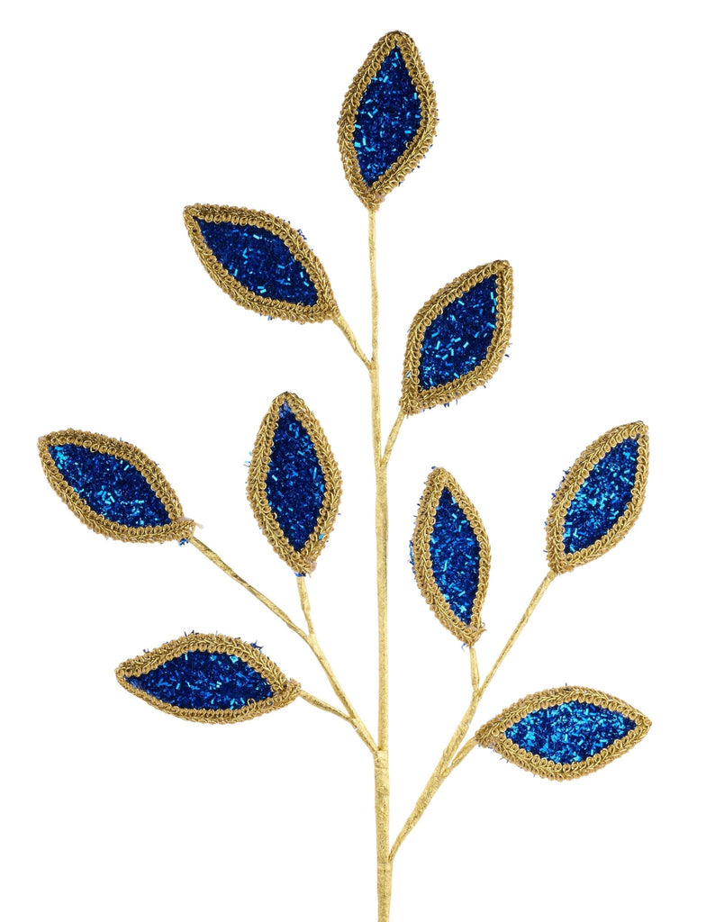 28"L Vglitter/Lace Leaf Spray Royal Blue/Gold - XS249725 - White Bayou Wreaths & Supply