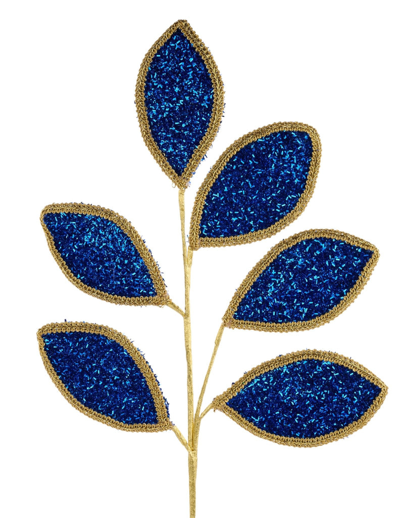 28"L Vglitter/Lace Leaf Spray, x 6 Leaves Royal Blue Glod - XS249925 - White Bayou Wreaths & Supply