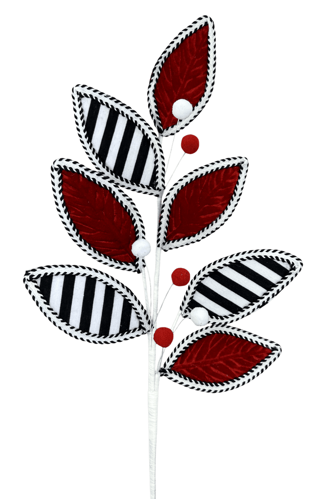 29" Red, Black & White Leaf Spray with Pom Accents – Christmas Floral Pick (86281RDBKWT) - White Bayou Wreaths & Supply
