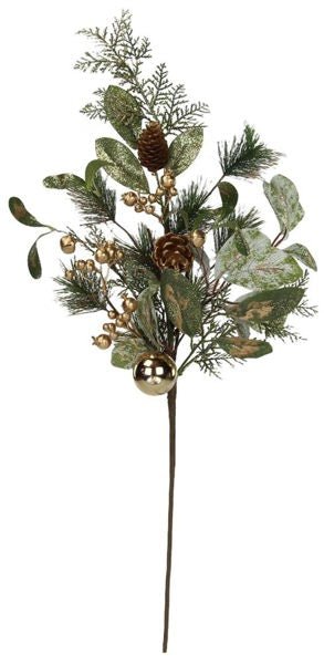 29.5" Oal Glitter Cedar/Pine/Bell Spray: Green, Gold - XX8421 - White Bayou Wreaths & Supply