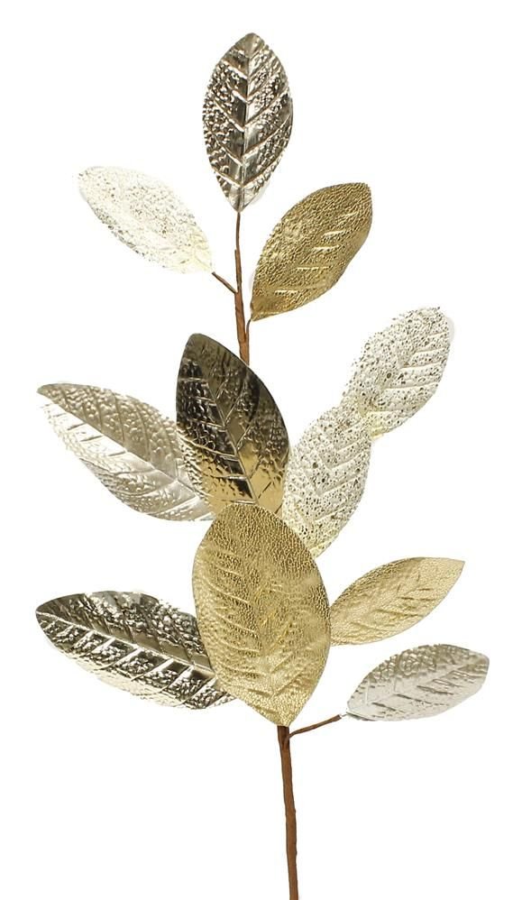 29"L Mixed Fabric Magnolia Leaf Spray Ivory/Gold - XS7546 - White Bayou Wreaths & Supply