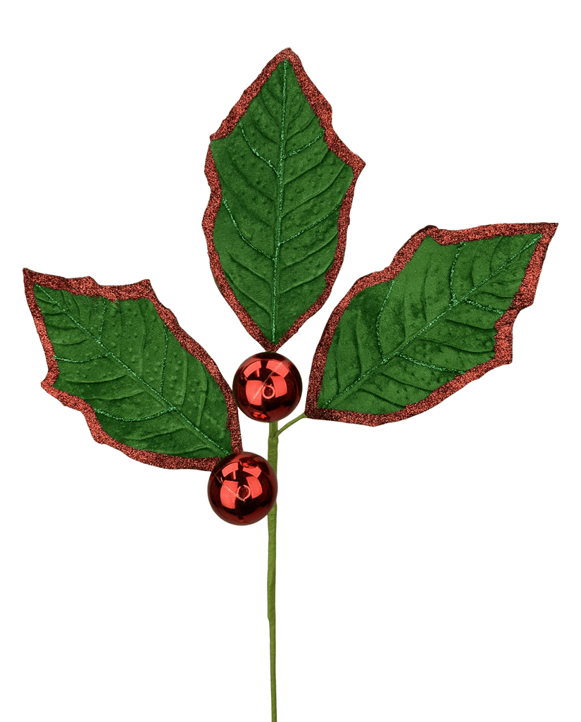 30" Green & Red Holly Leaf Spray with Ornaments – Classic Christmas Stem (86264EMGNRD) - White Bayou Wreaths & Supply