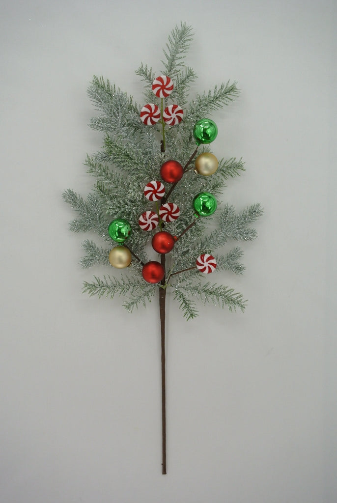 30" Pine Ball Berry Spray – Frosted Pine with Peppermint Candy & Ornaments (23006) - White Bayou Wreaths & Supply