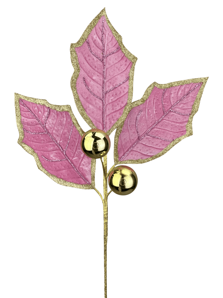 30" Pink & Gold Holly Leaf Spray with Ornaments – Christmas Floral Stem (86264PKGD) - White Bayou Wreaths & Supply