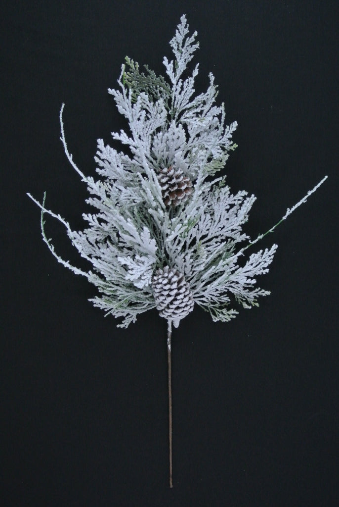 30" Snowy Cedar Pinecone Spray – Frosted Winter Greenery Pick (82886) - White Bayou Wreaths & Supply