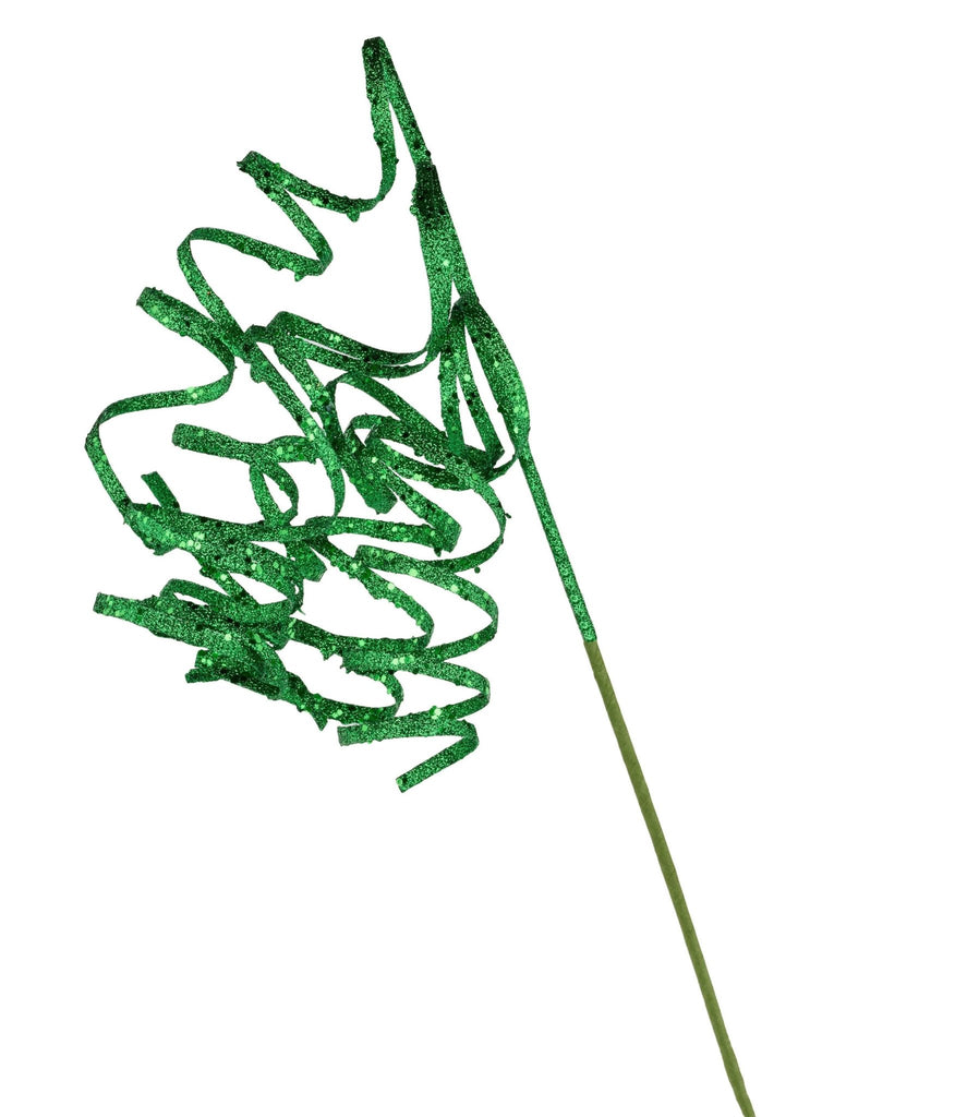 31" Curly Glitter Ribbon Spray – Whimsical Christmas Stem: Emerald Green | XS126906 - White Bayou Wreaths & Supply