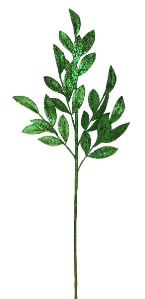 31"L Glitter Bay Leaf Spray: Lime Green - XS219244 - White Bayou Wreaths & Supply