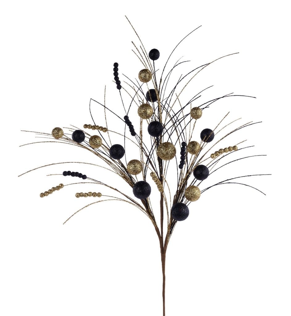 35"L Ball/Monofilament/Bead Spike Spray Black & Glod - XS1389CC - White Bayou Wreaths & Supply