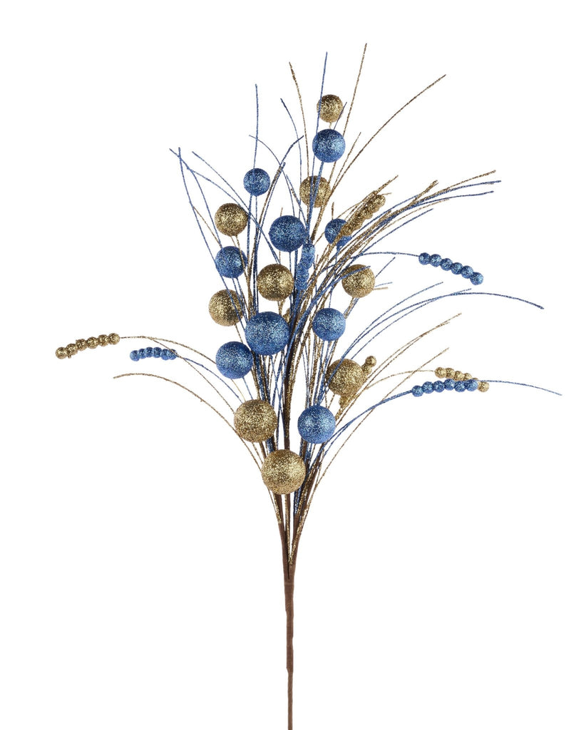 35"L Ball/Monofilament/Bead Spike Spray Smoke Blue/Gold - XS1389R1 - White Bayou Wreaths & Supply