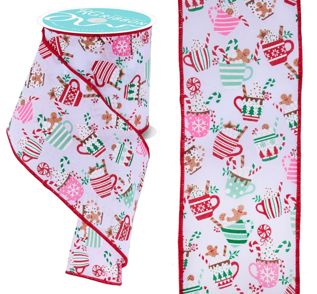 4" Christmas Hot Cocoa Mugs Ribbon – Red/White | RGF196527 - White Bayou Wreaths & Supply