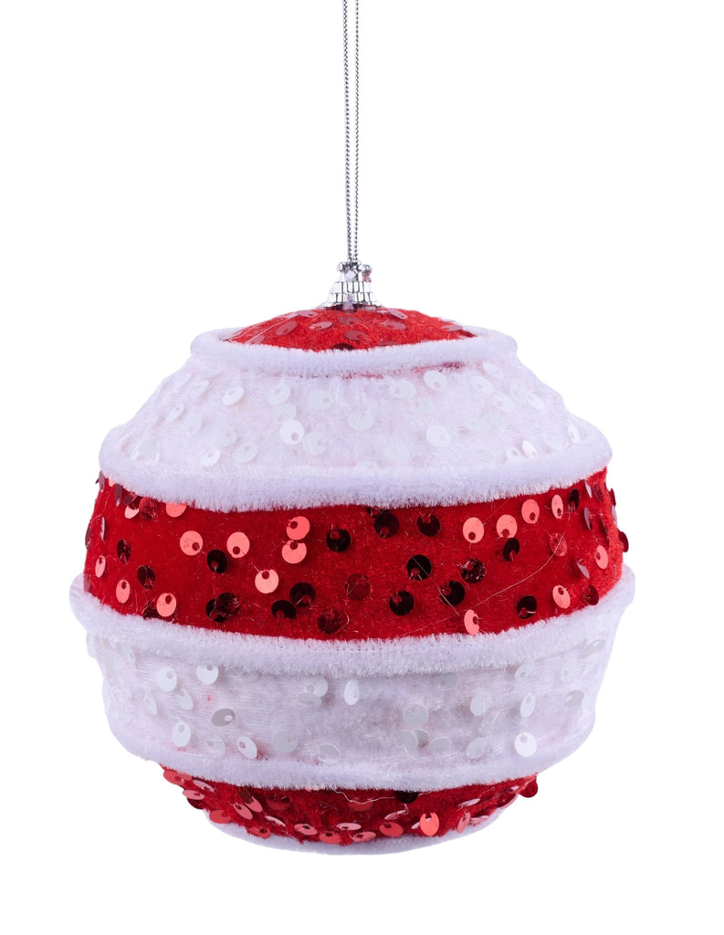 4.25" Dia Velvet/Sequin Striped Ball Ornament: Red, White | XJ714734 - White Bayou Wreaths & Supply