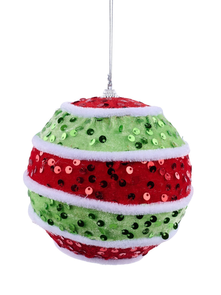 4.25" Velvet & Sequin Striped Ball Ornament – Grinch - Inspired | XJ714731 - White Bayou Wreaths & Supply