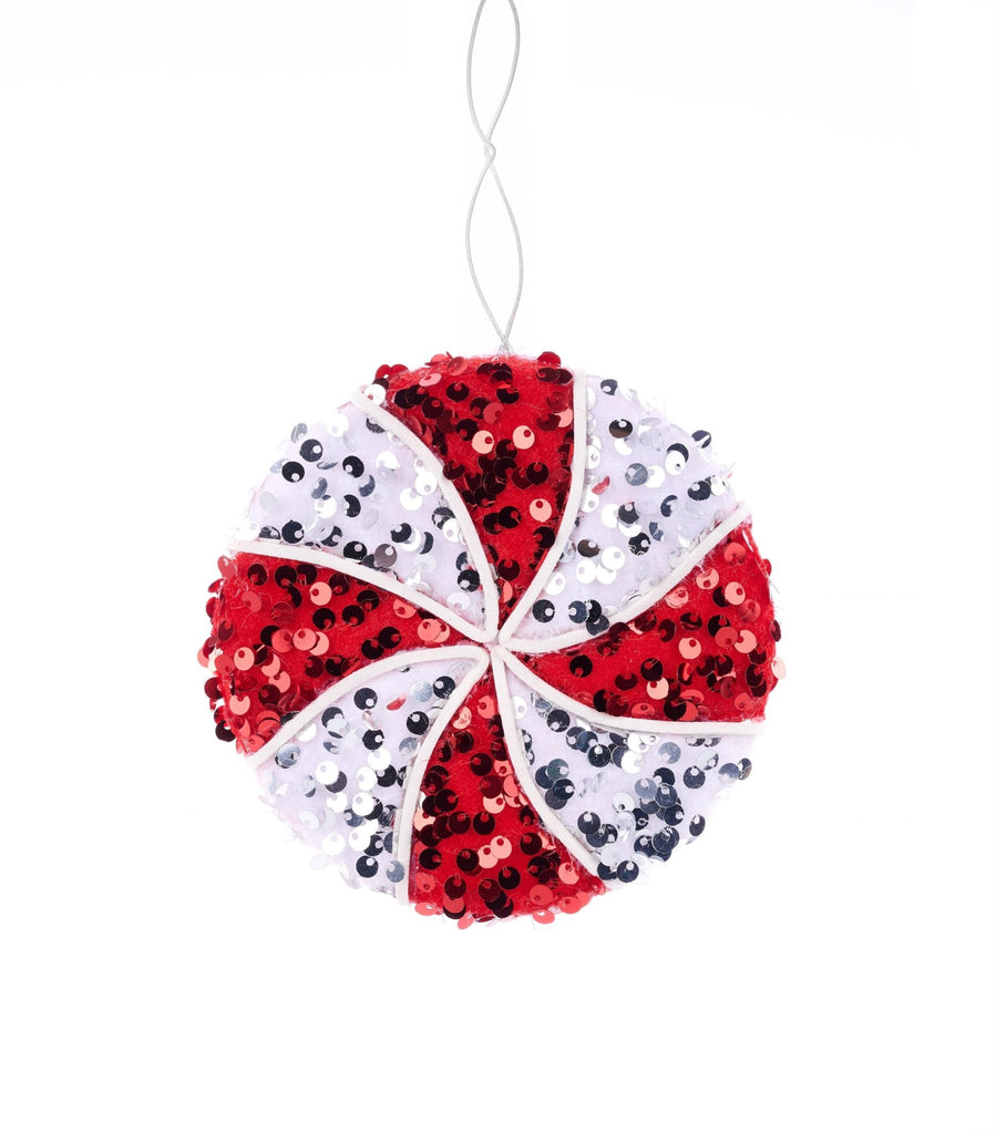 4.75" Dia Sequin Peppermint Ornament: Red, White | XJ537639 - White Bayou Wreaths & Supply