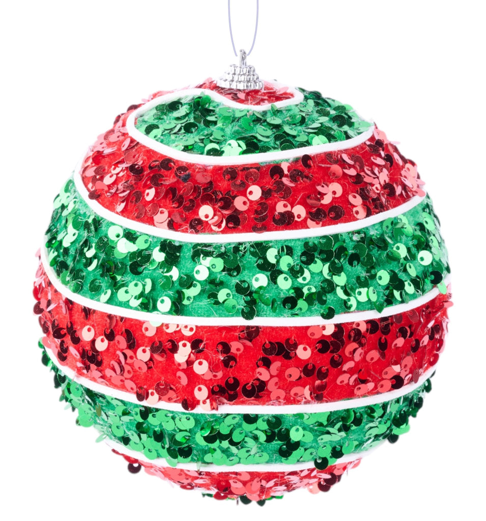 5.5" Dia Sequin Stripe Ball Ornament: Red, Emerald | XJ5375AR - White Bayou Wreaths & Supply