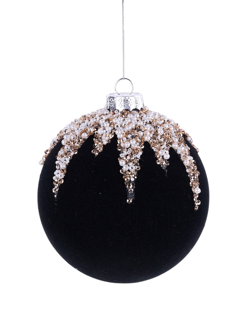 5"Dia Flocking/Bead Glass Ball Orn - Black - XJ543702 - White Bayou Wreaths & Supply