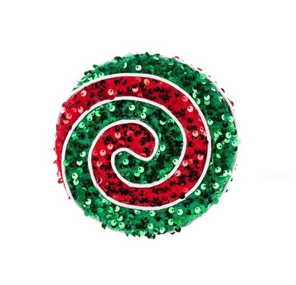 6" Dia Sequin Peppermint Swirl Ornament: Emerald Green, Red, White - XJ5379AR - White Bayou Wreaths & Supply
