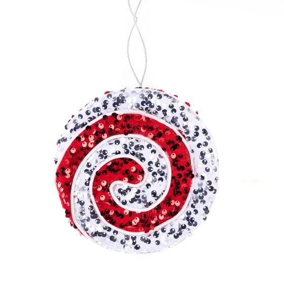 6" Dia Sequin Peppermint Swirl Ornament: White, Red | XJ537939 - White Bayou Wreaths & Supply
