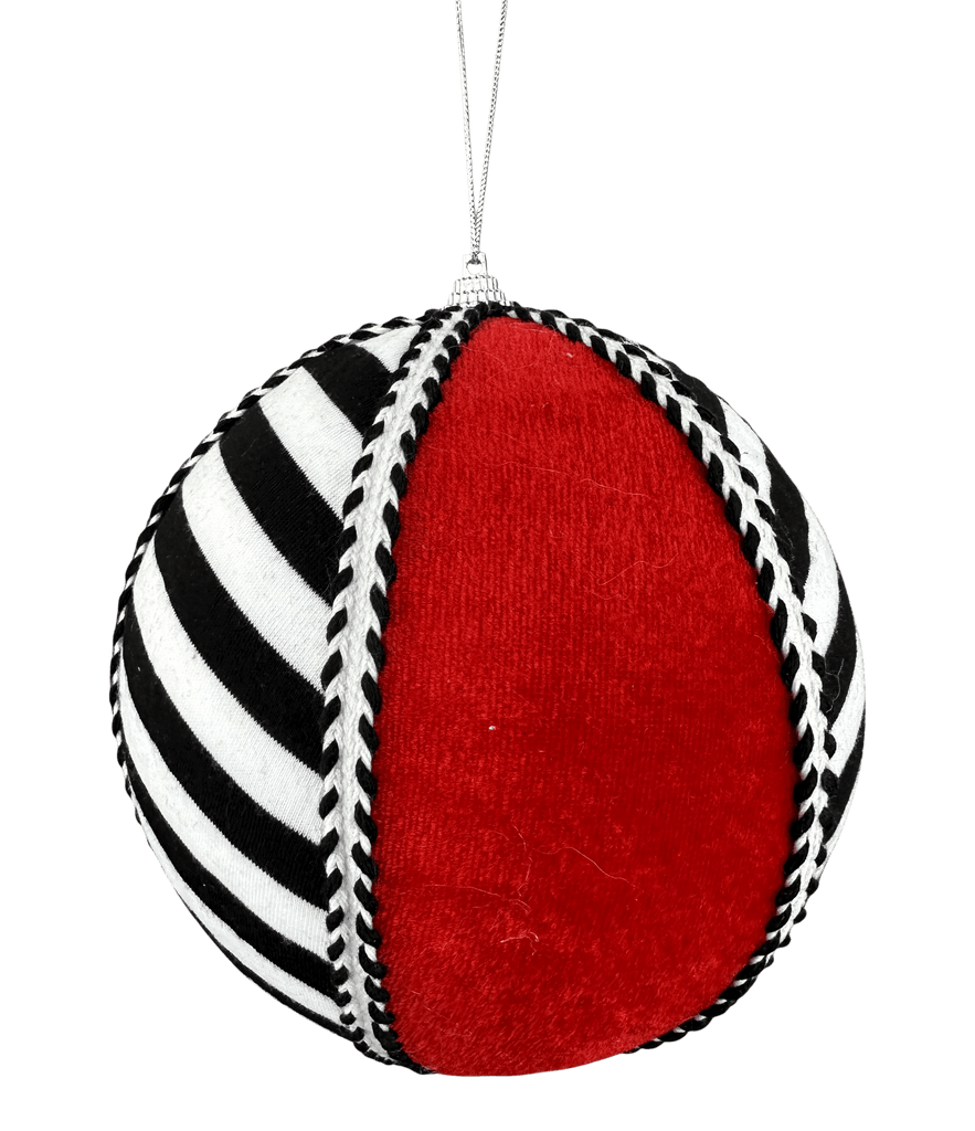 6" Red, Black & White Striped Ball Ornament – Christmas Tree Decoration (86282RDBKWT) - White Bayou Wreaths & Supply