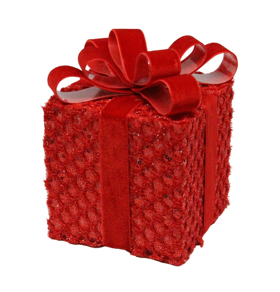 6.75"H x 4.75"Sq Sequin/Tinsel Gift Box: Red | XC837424 - White Bayou Wreaths & Supply