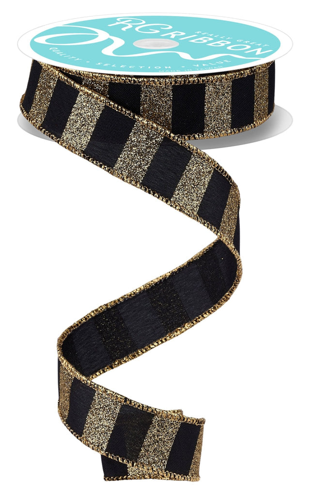 7/8" x 10yd Horizontal Glitter Stripes Black Gold - RGF796686 - White Bayou Wreaths & Supply