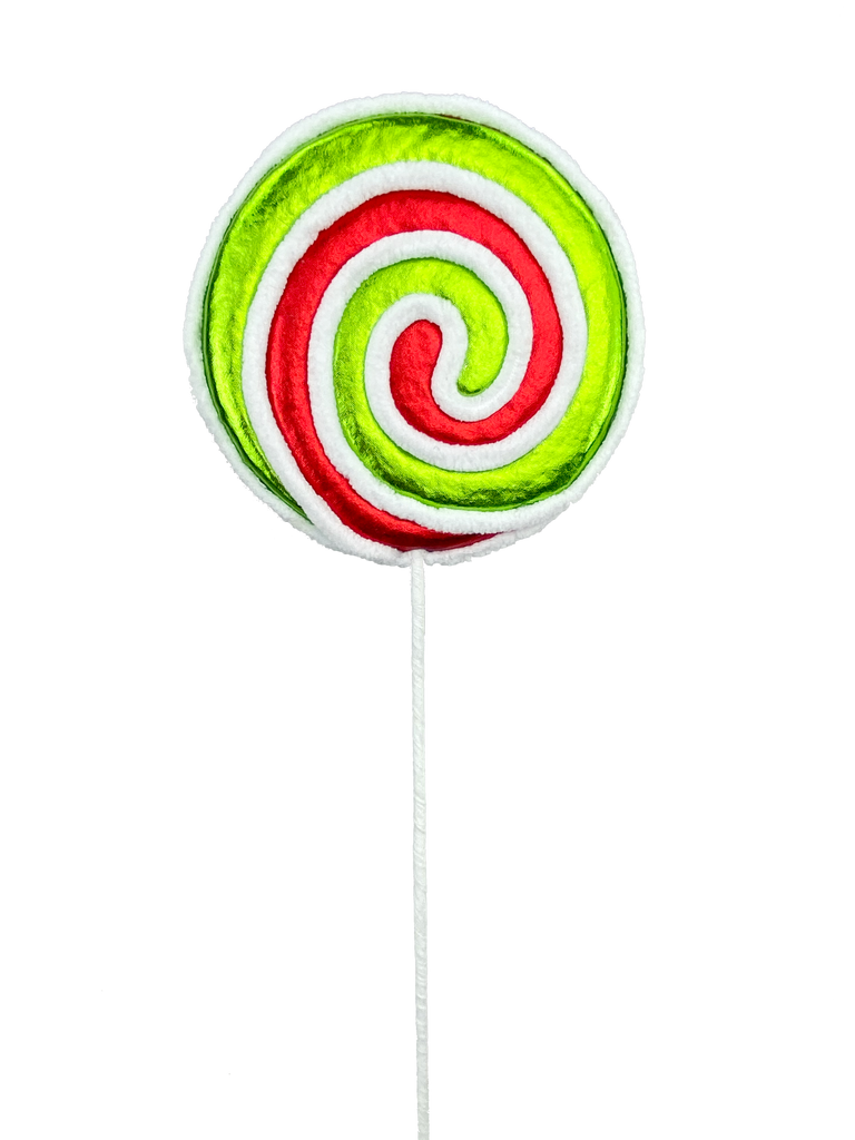 22-inch metallic lollipop spray – red, white, and lime green candy swirl Christmas decoration (85221RWG).