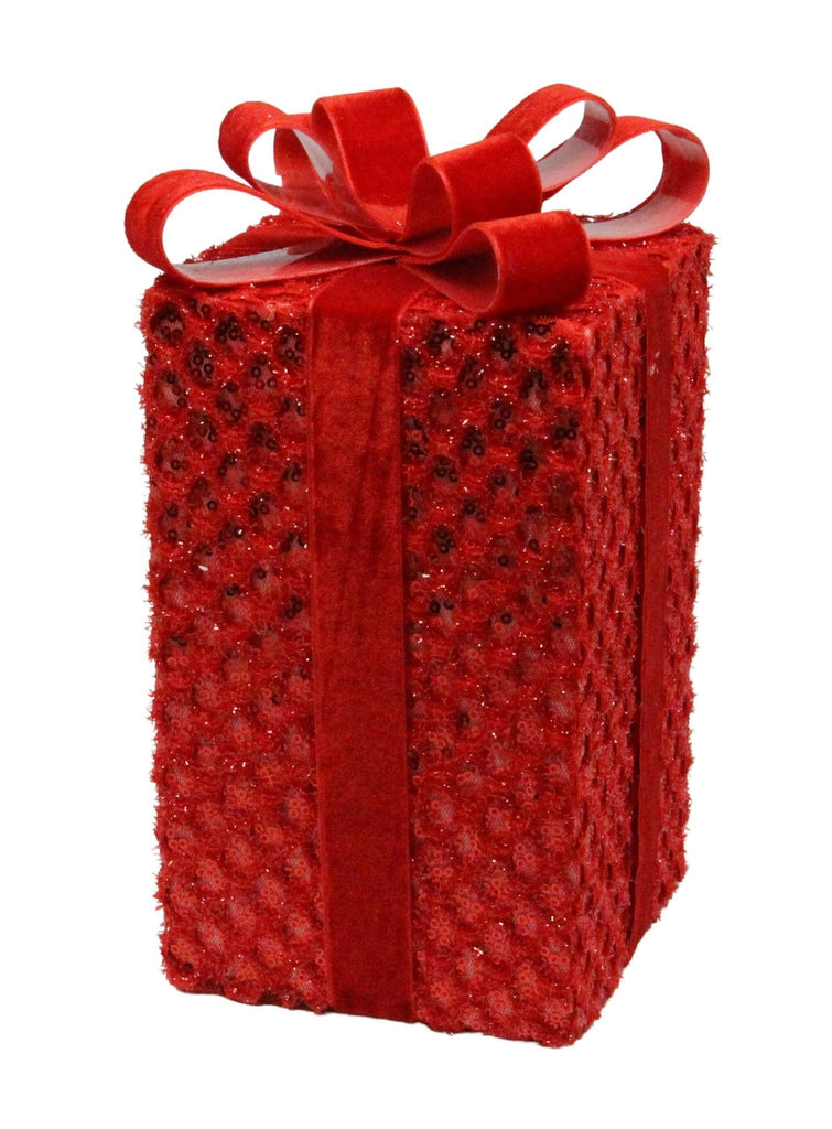 9.75"H x 4.75"Sq Sequin/Tinsel Gift Box: Red | XC837524 - White Bayou Wreaths & Supply