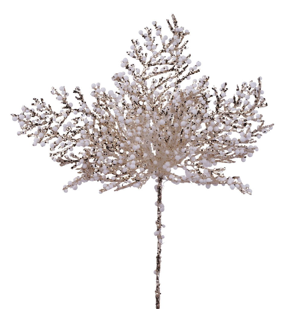 9"L Glitter/Snow Arborvitae Pick Champagne/White - XX970708 - White Bayou Wreaths & Supply